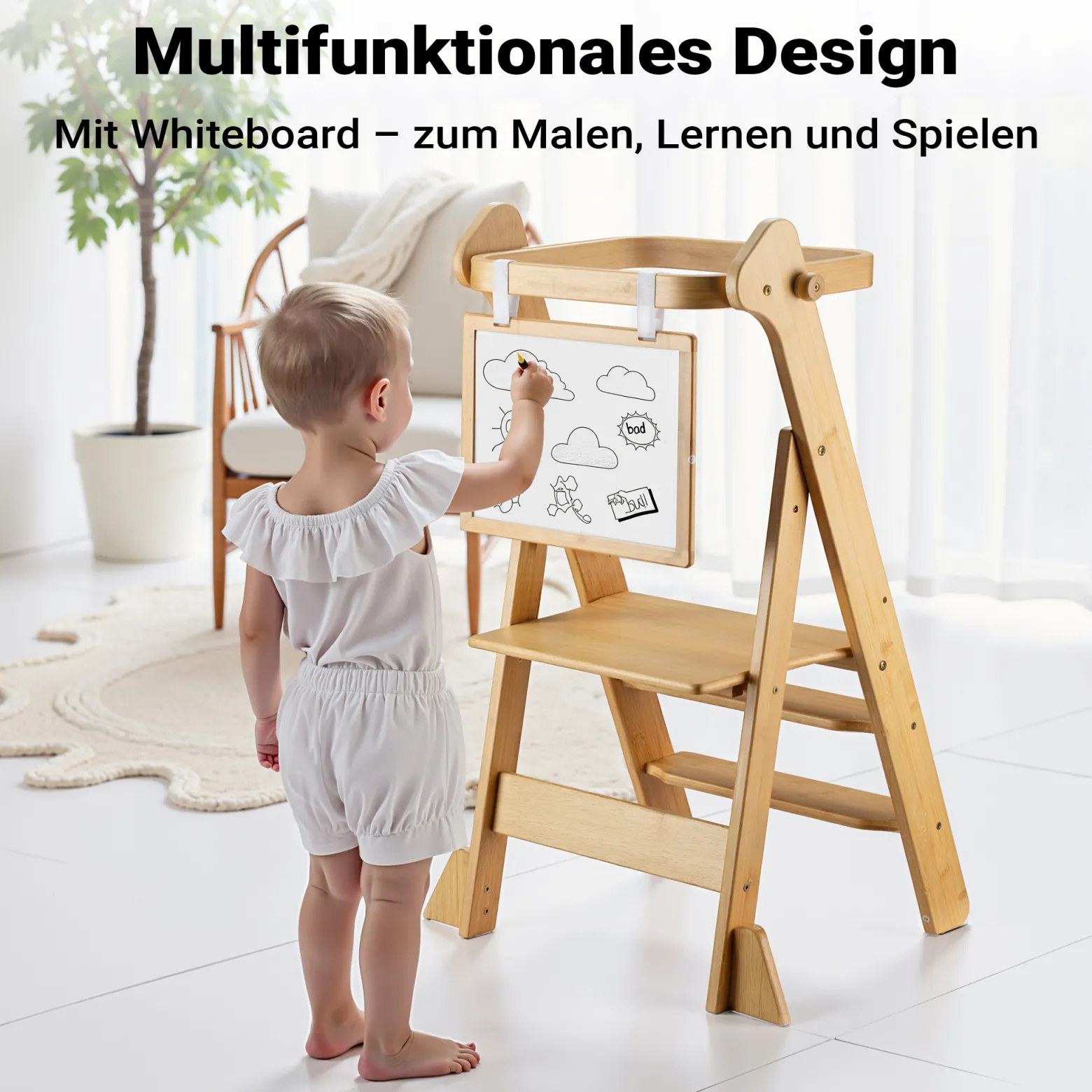Wiltec Kinderstuhl Lernturm klappbar 43 x 48 x 91 cm aus Bambus, höhenverstellbarer Lernstuhl für Kinder, Stehturm mit Schutzgeländer