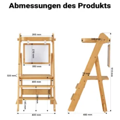 Wiltec Kinderstuhl Lernturm klappbar 43 x 48 x 91 cm aus Bambus, höhenverstellbarer Lernstuhl für Kinder, Stehturm mit Schutzgeländer