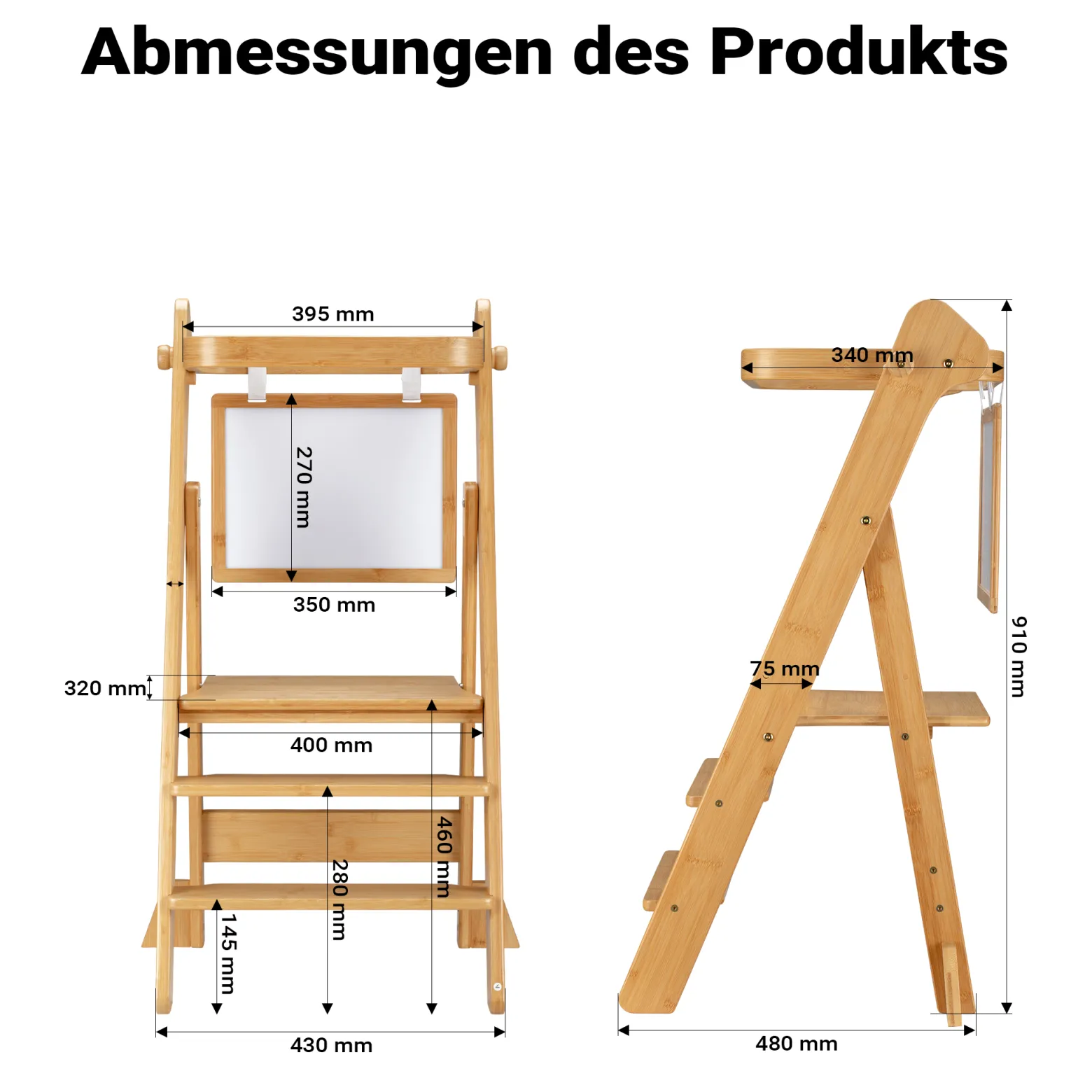 Wiltec Kinderstuhl Lernturm klappbar 43 x 48 x 91 cm aus Bambus, höhenverstellbarer Lernstuhl für Kinder, Stehturm mit Schutzgeländer