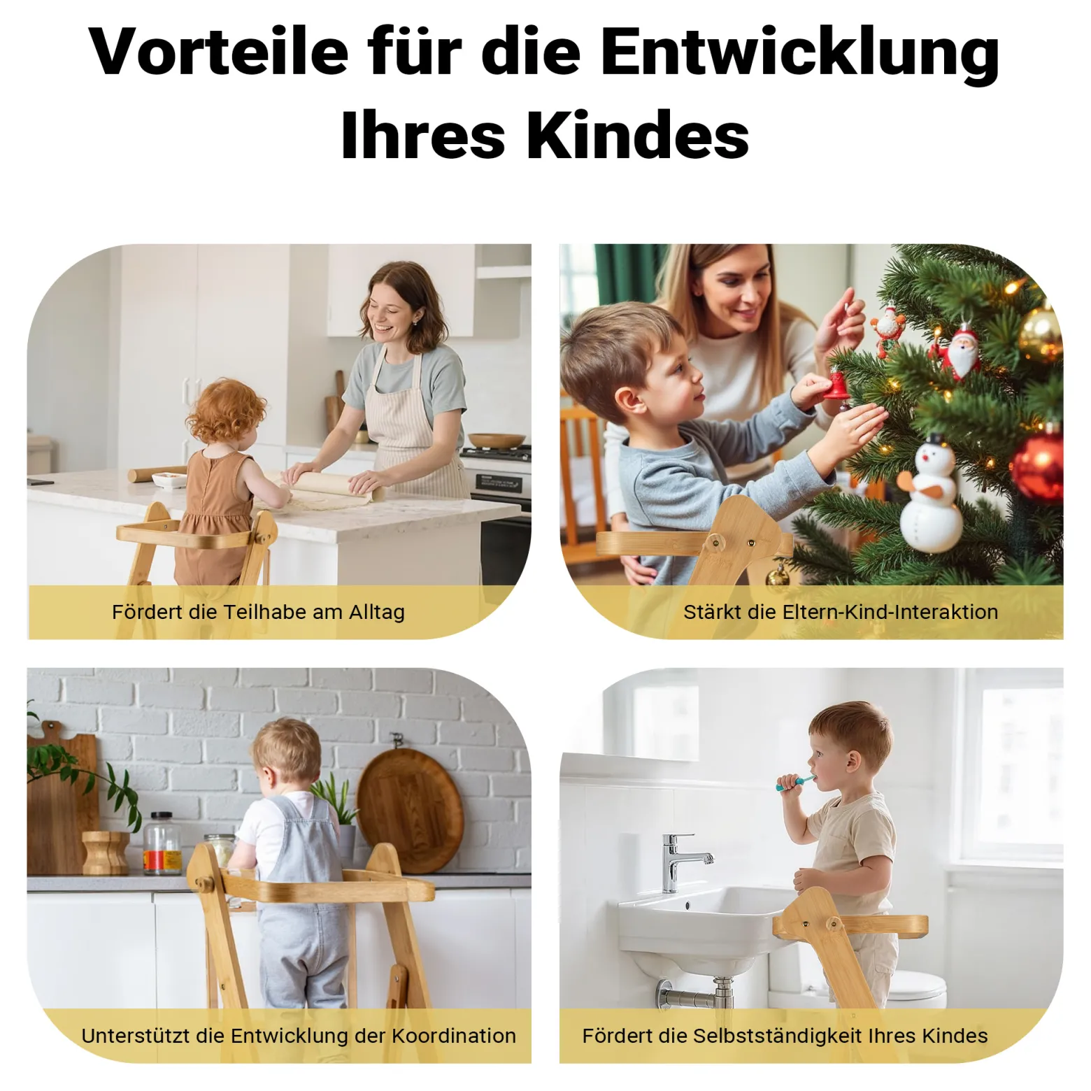 Wiltec Kinderstuhl Lernturm klappbar 43 x 48 x 91 cm aus Bambus, höhenverstellbarer Lernstuhl für Kinder, Stehturm mit Schutzgeländer