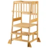 Wiltec Kinderstuhl Lernturm 57 x 46 x 90 cm aus Bambus, Lernstuhl für Kinder mit Geländer, Stehturm mit Schutzstab