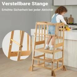 Wiltec Kinderstuhl Lernturm 57 x 46 x 90 cm aus Bambus, Lernstuhl für Kinder mit Geländer, Stehturm mit Schutzstab