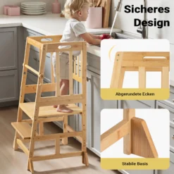 Wiltec Kinderstuhl Lernturm 57 x 46 x 90 cm aus Bambus, Lernstuhl für Kinder mit Geländer, Stehturm mit Schutzstab