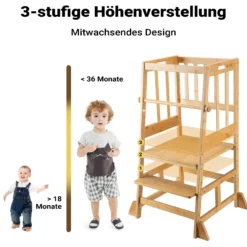 Wiltec Kinderstuhl Lernturm 57 x 46 x 90 cm aus Bambus, Lernstuhl für Kinder mit Geländer, Stehturm mit Schutzstab