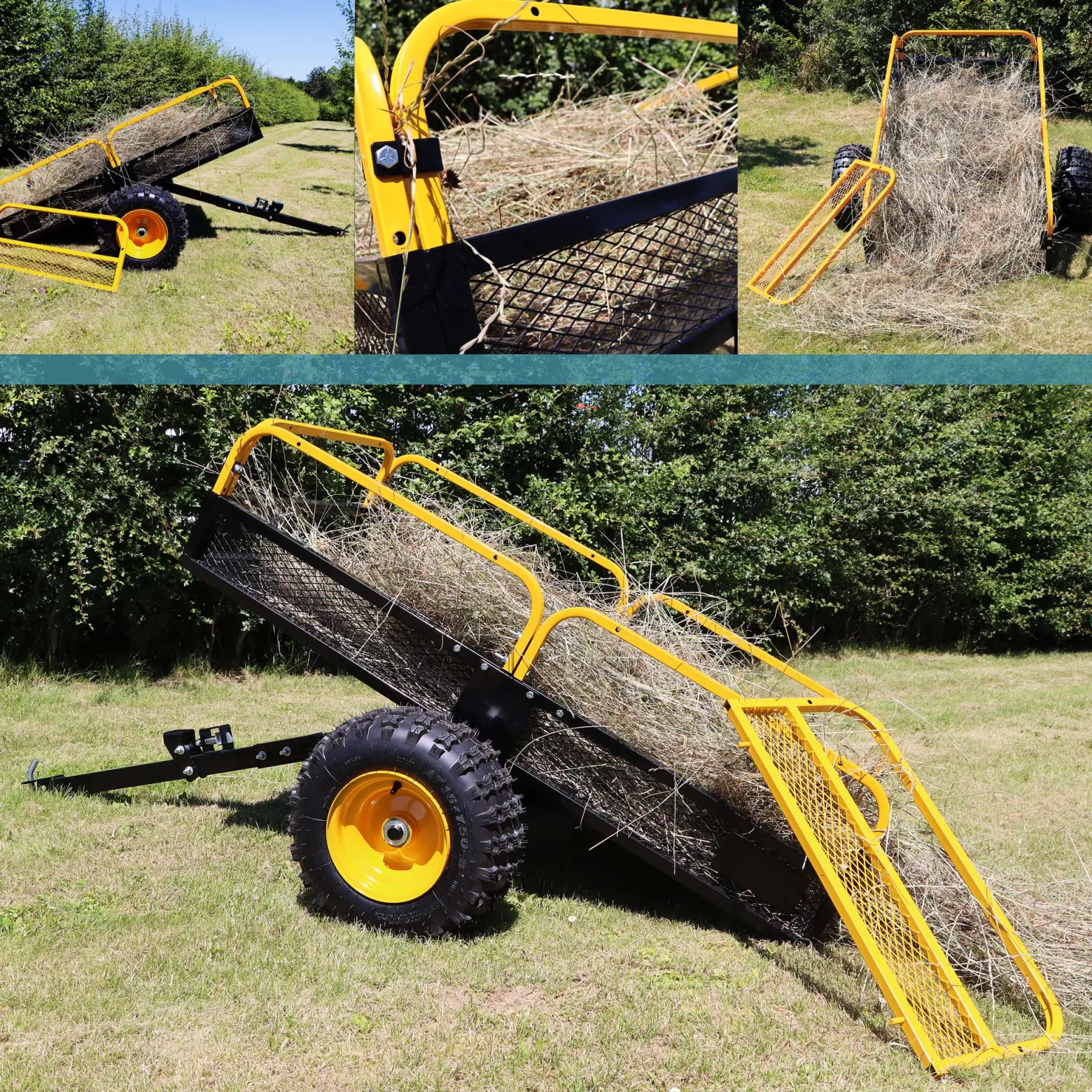 Wiltec Kippanhänger bis 450 kg für Rasentraktor, Anhänger Kipper 210 x 120 x 70 cm mit Gitter u. abnehmbaren Seitenwänden, Anhänger mit Kippfunktion