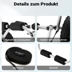 Wiltec klappbarer Alu Kanuwagen bis 45 kg, Transportwagen für Boote, Kanus, Kajaks, Surfwagen mit Polstern, Ø25 cm PU-Räder inkl. Nylonband zur Fixierung, stabiler SUP-Trolley, SUP-Wagen mit Stütze