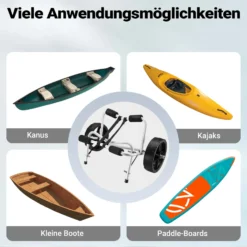 Wiltec klappbarer Alu Kanuwagen bis 68 kg, Transportwagen für Boote, Kanus, Kajaks, Surfwagen mit Polstern, Ø25 cm PU-Räder inkl. Nylonband zur Fixierung, stabiler SUP-Trolley, SUP-Wagen mit Stütze