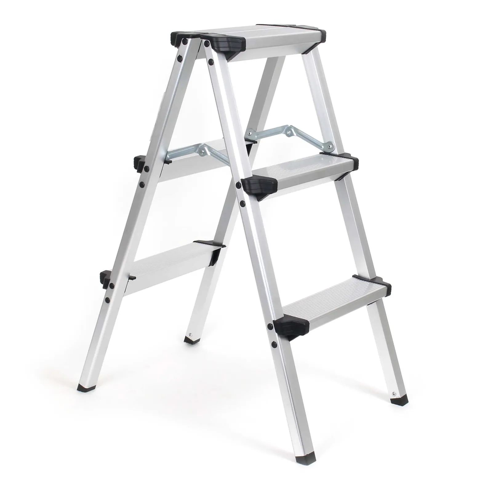 Wiltec Klappleiter aus Aluminium bis 150 kg, beidseitig nutzbare Trittleiter, Aluleiter 73 cm mit 3 Stufen, Stehleiter mit rutschfester Trittfläche