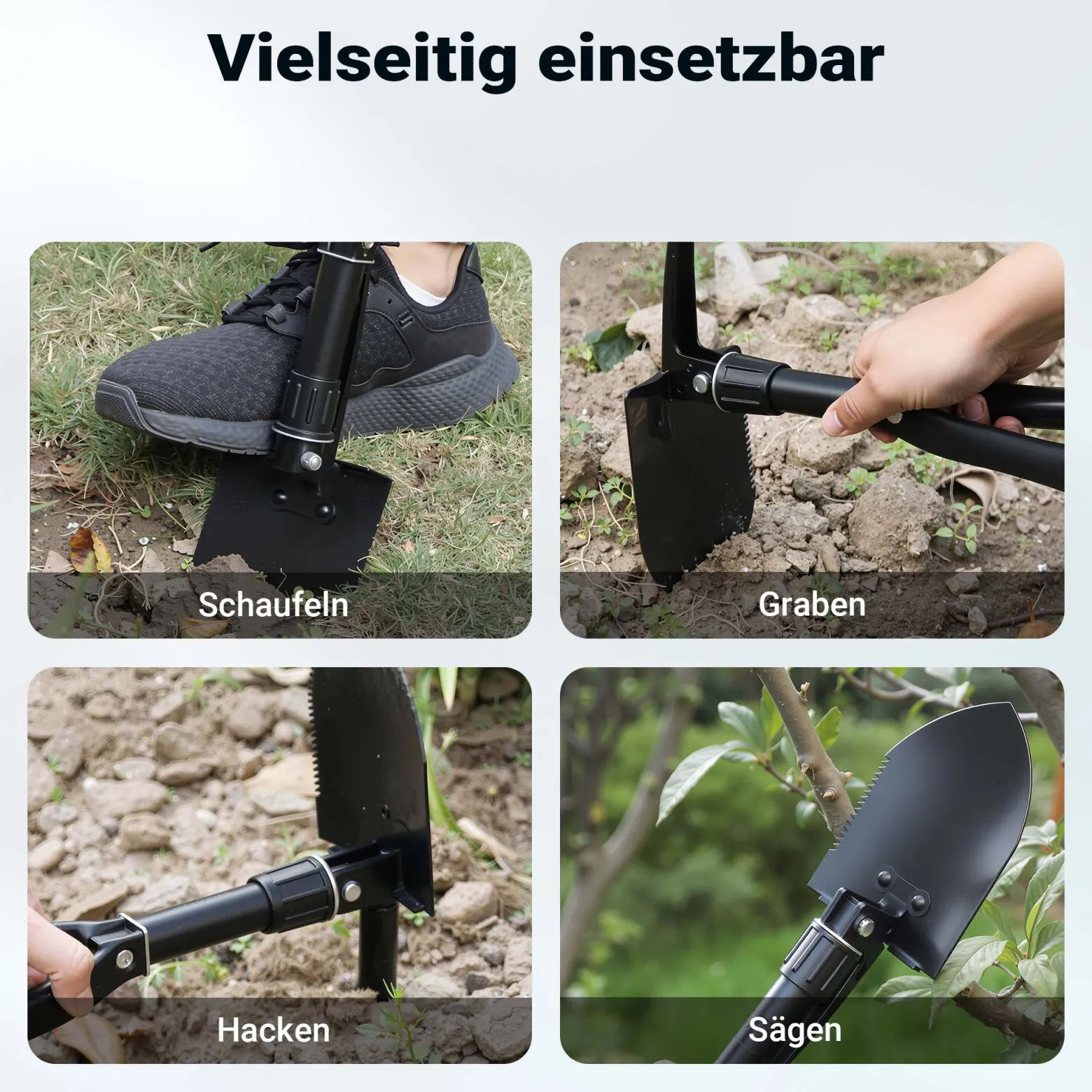 Wiltec Klappspaten 58 x 15 cm aus Stahl, Multifunktion Klappschaufel zusammenklappbar mit Hacke und Säge