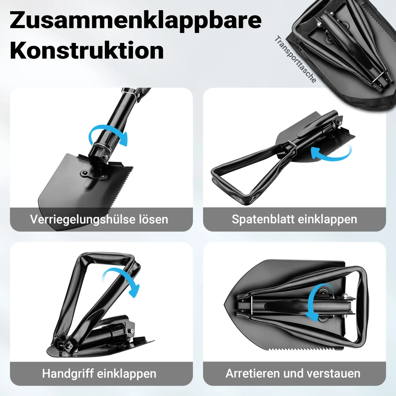 Wiltec Klappspaten 58 x 15 cm aus Stahl, Multifunktion Klappschaufel zusammenklappbar mit Hacke und Säge