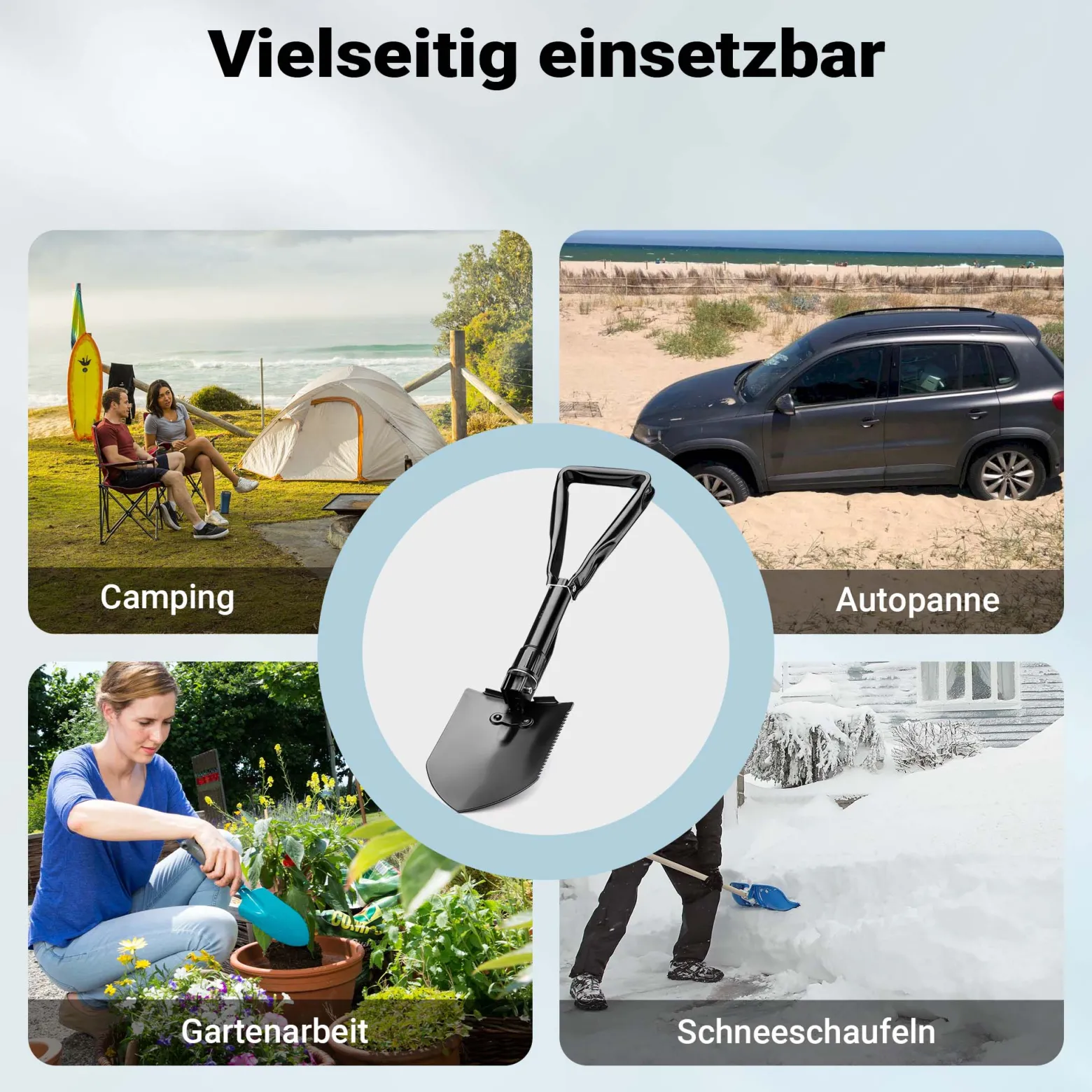 Wiltec Klappspaten 58 x 15 cm aus Stahl, Multifunktion Klappschaufel zusammenklappbar mit Hacke und Säge