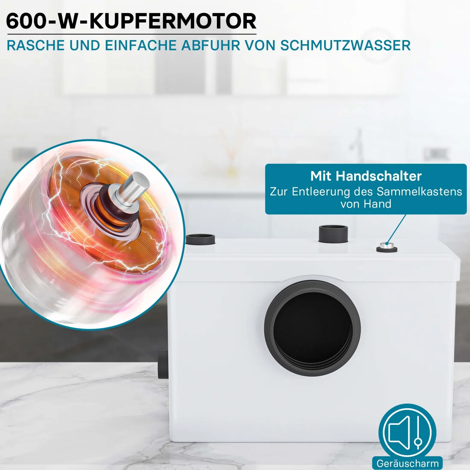 Wiltec 3/1 Kleinhebeanlage 600 W mit Häcksler, Hebeanlage bis 10 m Höhe, Abwasserhebeanlage mit 3 Einlässen, für WC und Dusche