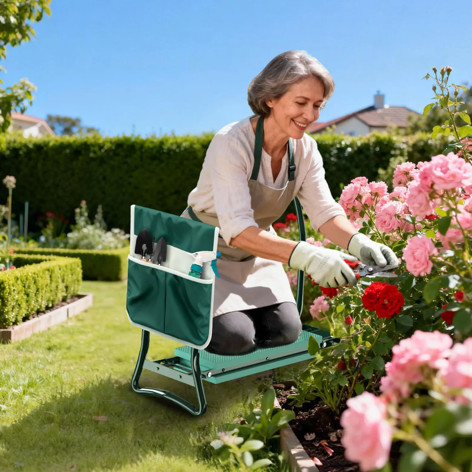 Wiltec Kniestuhl für Garten, Kniehocker bis 150 kg, Kniehocker mit einer Tasche, Kniebank mit gepolsterter Fläche, Gartenhocker zum Knien und Sitzen