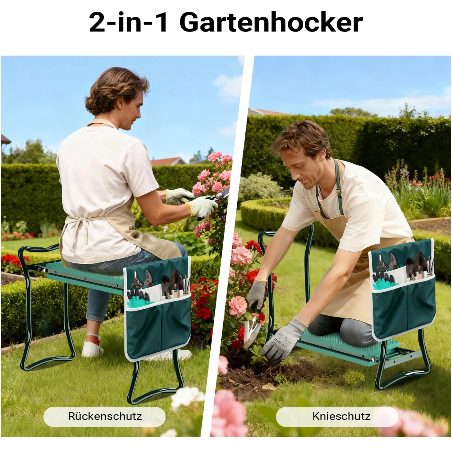 Wiltec Kniestuhl für Garten, Kniehocker bis 150 kg, Kniehocker mit einer Tasche, Kniebank mit gepolsterter Fläche, Gartenhocker zum Knien und Sitzen