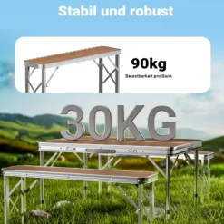 Wiltec Koffertisch mit 2 Bänken Holzdesign Aluminium 90x66x70 cm Campingtisch klappbar Sitzgruppe Campingmöbel Outdoor Camping Tisch faltbar
