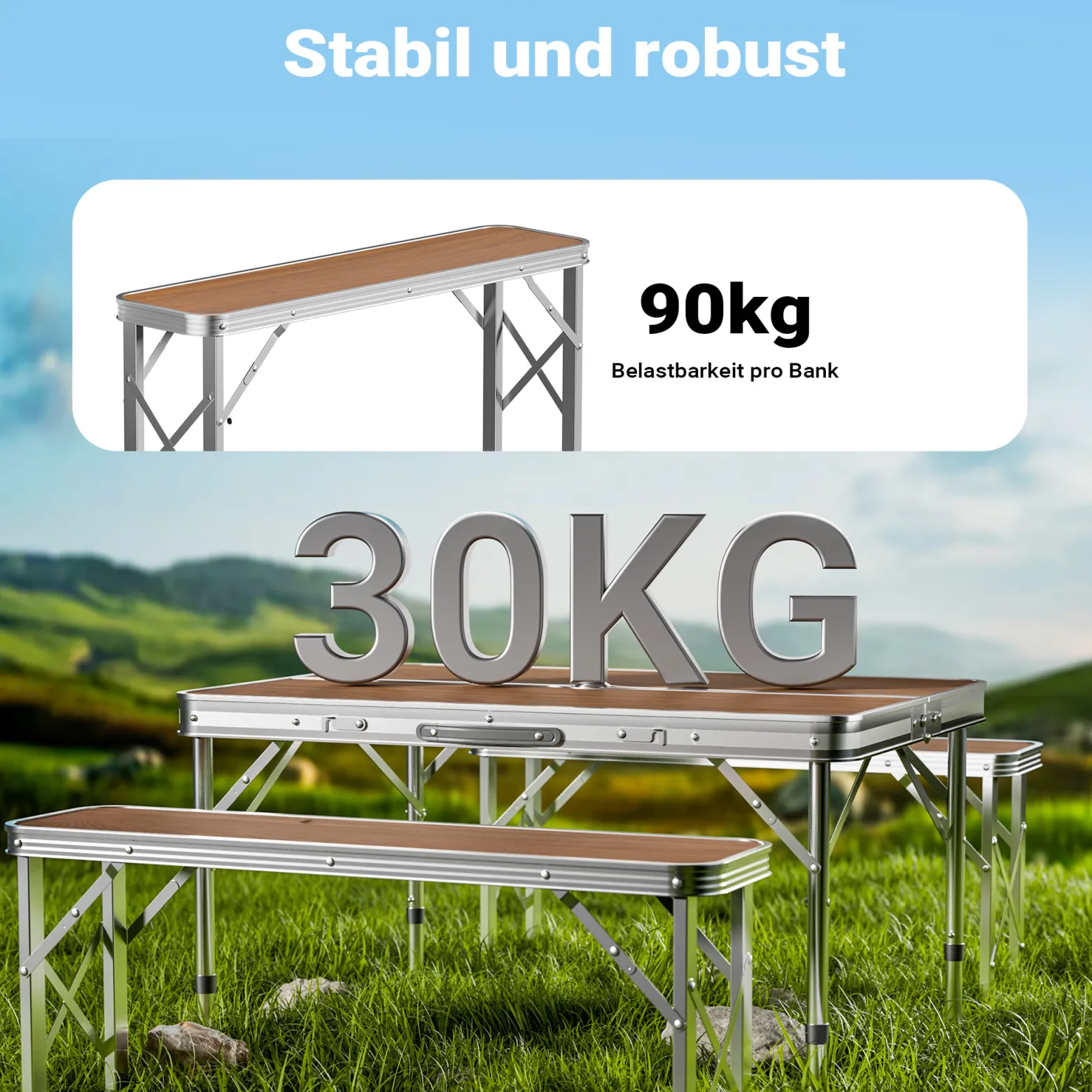 Wiltec Koffertisch mit 2 Bänken Holzdesign Aluminium 90x66x70 cm Campingtisch klappbar Sitzgruppe Campingmöbel Outdoor Camping Tisch faltbar