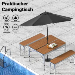 Wiltec Koffertisch mit 2 Bänken Holzdesign Aluminium 90x66x70 cm Campingtisch klappbar Sitzgruppe Campingmöbel Outdoor Camping Tisch faltbar