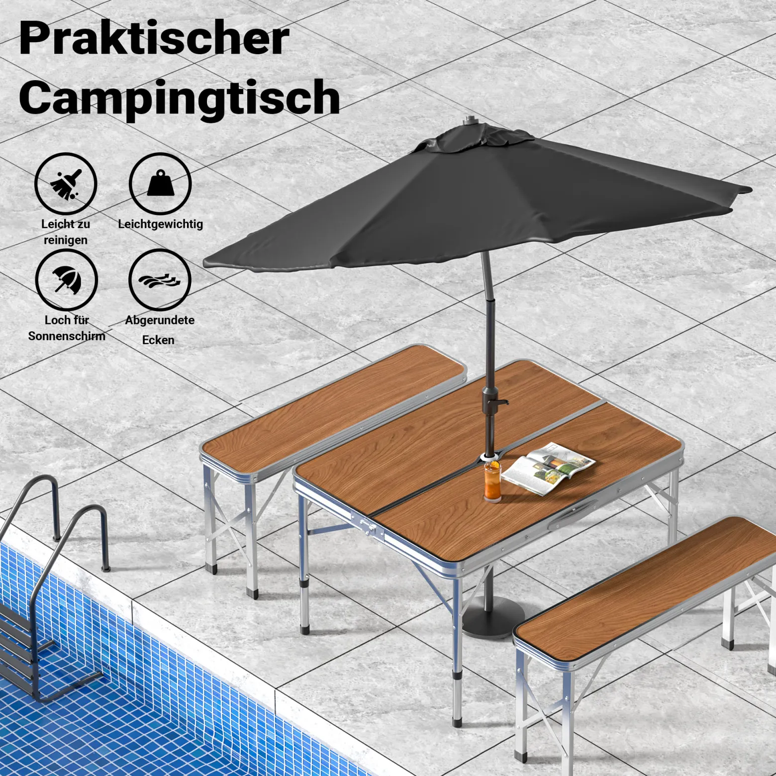 Wiltec Koffertisch mit 2 Bänken Holzdesign Aluminium 90x66x70 cm Campingtisch klappbar Sitzgruppe Campingmöbel Outdoor Camping Tisch faltbar