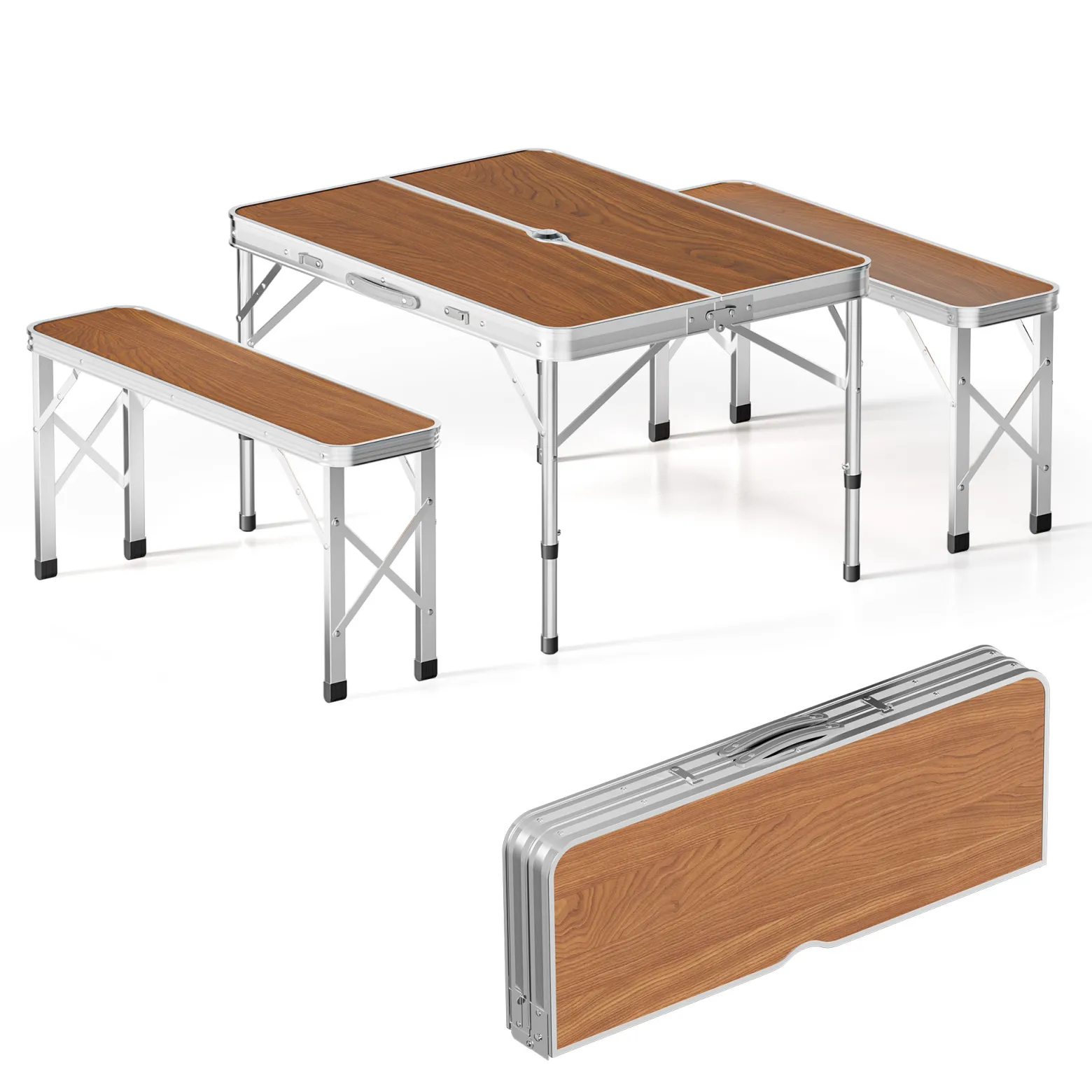 Wiltec Koffertisch mit 2 Bänken Holzdesign Aluminium 90x66x70 cm Campingtisch klappbar Sitzgruppe Campingmöbel Outdoor Camping Tisch faltbar