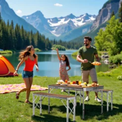Wiltec Koffertisch mit 2 Bänken Holzdesign Aluminium 90x66x70 cm Campingtisch klappbar Sitzgruppe Campingmöbel Outdoor Camping Tisch faltbar