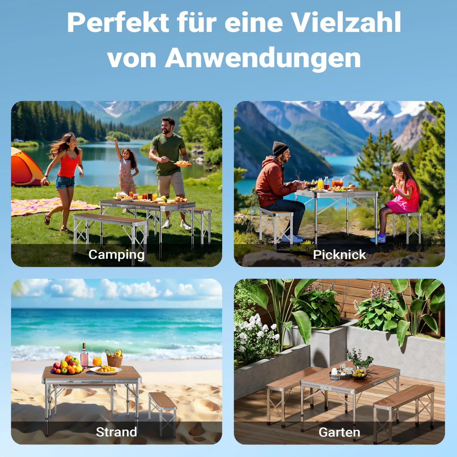 Wiltec Koffertisch mit 2 Bänken Holzdesign Aluminium 90x66x70 cm Campingtisch klappbar Sitzgruppe Campingmöbel Outdoor Camping Tisch faltbar