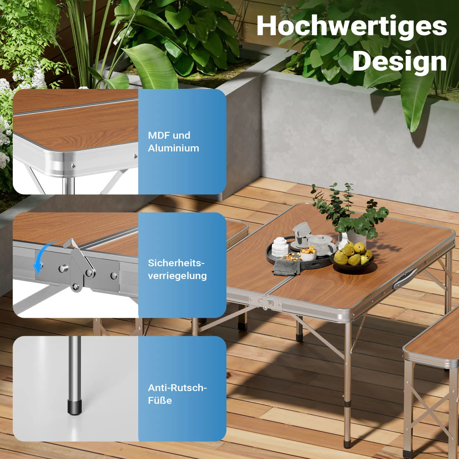 Wiltec Koffertisch mit 2 Bänken Holzdesign Aluminium 90x66x70 cm Campingtisch klappbar Sitzgruppe Campingmöbel Outdoor Camping Tisch faltbar