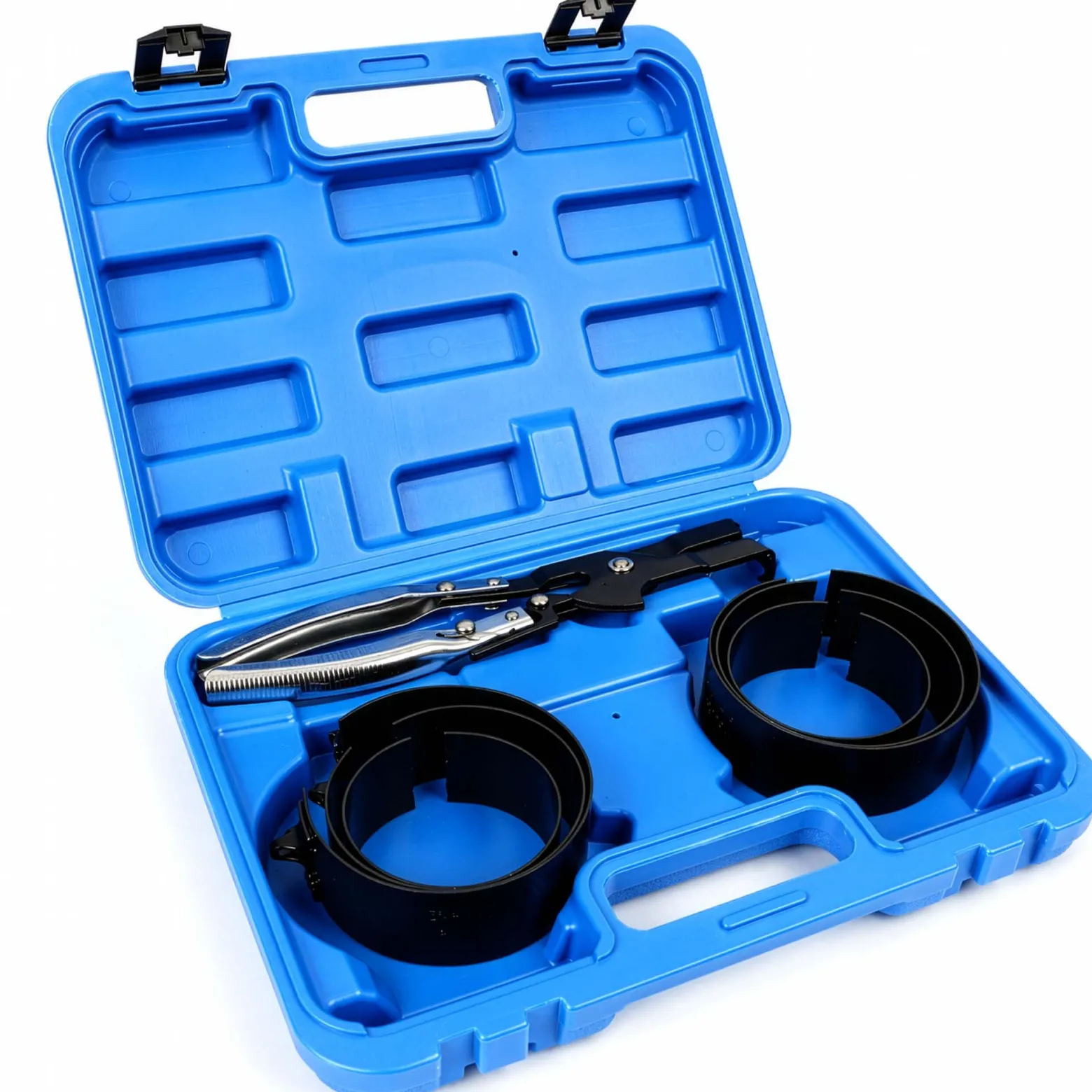 Wiltec Kolbenringspannband Set mit 6 Spannbändern 73-111 mm, inkl. Spannzange und Koffer zum Zusammendrücken der Kolbenringe, zur Montage von Kolben