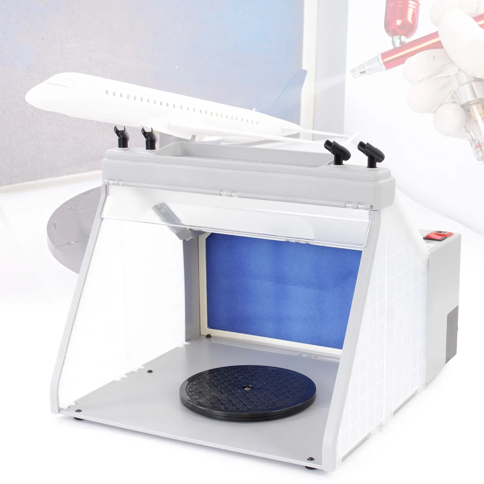 Wiltec Komplett Set Airbrush Absauganlage 4 m³/min, nur 52 dB, zur Absaugung von Farbe Farbnebel Sprühnebel, Filter erweiterbar, mit Abluft und Paint Station, Lackierkabine für Airbrush-Arbeiten