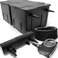 Wiltec Komplettset: CBF-350B Teichfilter bis 60000 L Teichfilteranlage als Durchlauffilter, NEO10000 SuperECO Teichpumpe 10000l/h 80W, CUV-236 Teichklärer UVC Klärer mit 36W, 25m Teichschlauch 25 mm