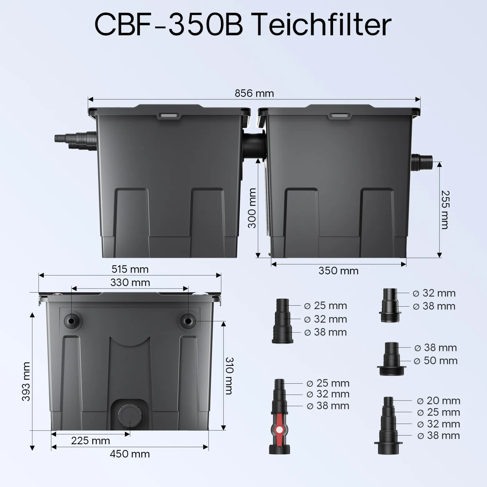 Wiltec Komplettset: CBF-350B Teichfilter bis 60000 L Teichfilteranlage als Durchlauffilter, NEO10000 SuperECO Teichpumpe 10000l/h 80W, CUV-236 Teichklärer UVC Klärer mit 36W, 25m Teichschlauch 25 mm