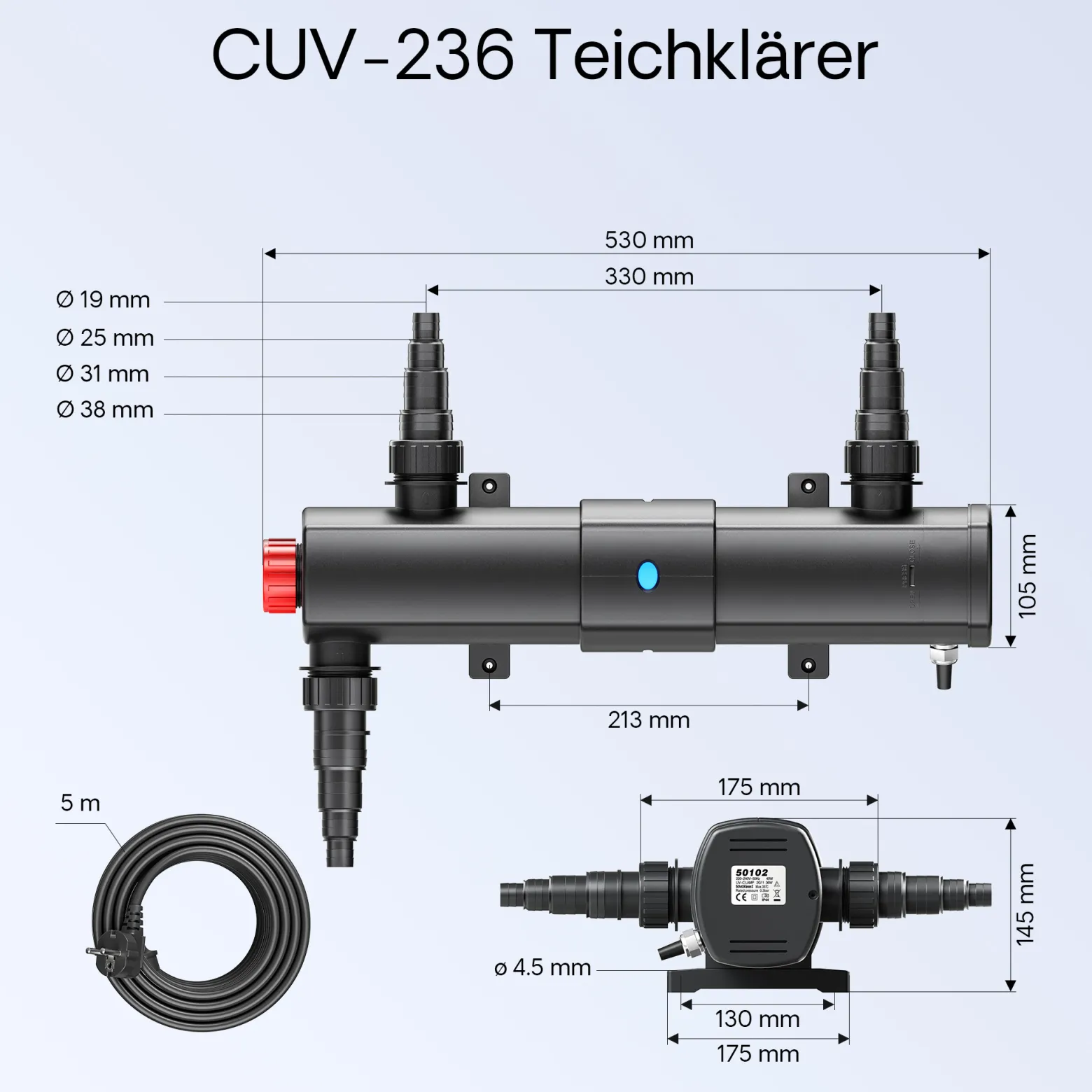 Wiltec Komplettset: CBF-350B Teichfilter bis 60000 L Teichfilteranlage als Durchlauffilter, NEO10000 SuperECO Teichpumpe 10000l/h 80W, CUV-236 Teichklärer UVC Klärer mit 36W, 25m Teichschlauch 25 mm