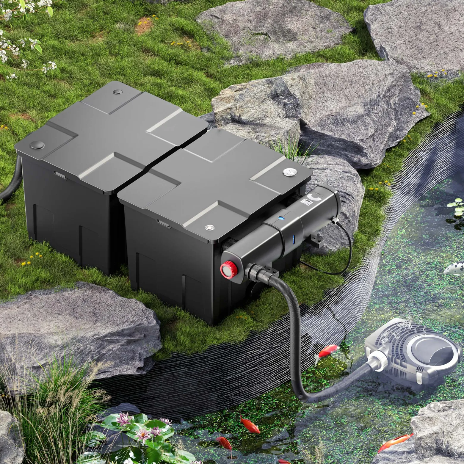 Wiltec Komplettset: CBF-350B Teichfilter bis 60000 L Teichfilteranlage als Durchlauffilter, NEO10000 SuperECO Teichpumpe 10000l/h 80W, CUV-236 Teichklärer UVC Klärer mit 36W, 25m Teichschlauch 25 mm