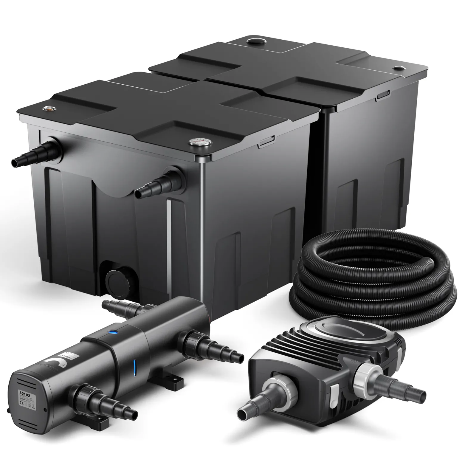 Wiltec Komplettset: CBF-350B Teichfilter bis 60000 L Teichfilteranlage als Durchlauffilter, NEO10000 SuperECO Teichpumpe 10000l/h 80W, CUV-236 Teichklärer UVC Klärer mit 36W, 25m Teichschlauch 25 mm