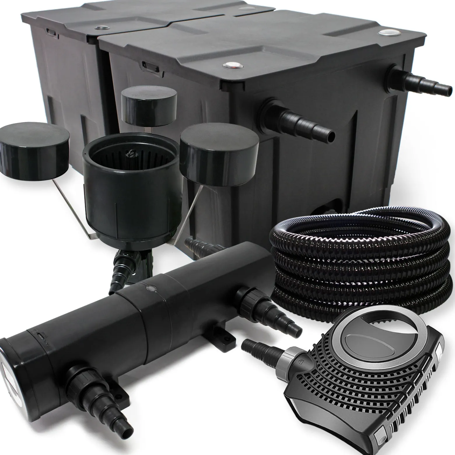 Wiltec Komplettset: CBF-350B Teichfilter bis 60000 L Teichfilteranlage Durchlauffilter, NEO10000 Teichpumpe 10000l/h 80W, CUV-236 Teichklärer 36W, 25m Teichschlauch 25 mm, CSP-250 Skimmer 2500l/h 45W