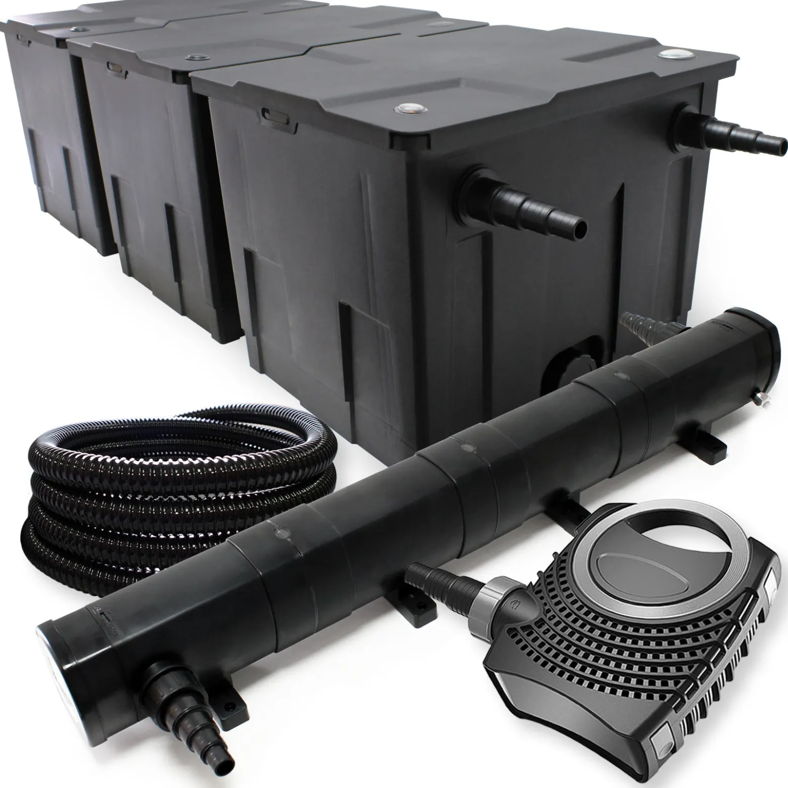 Wiltec Komplettset: CBF-350C Teichfilter bis 90000 L Teichfilteranlage als Durchlauffilter, NEO10000 SuperECO Teichpumpe 10000l/h 80W, CUV-272 Teichklärer UVC Klärer mit 72W, 25m Teichschlauch 25 mm
