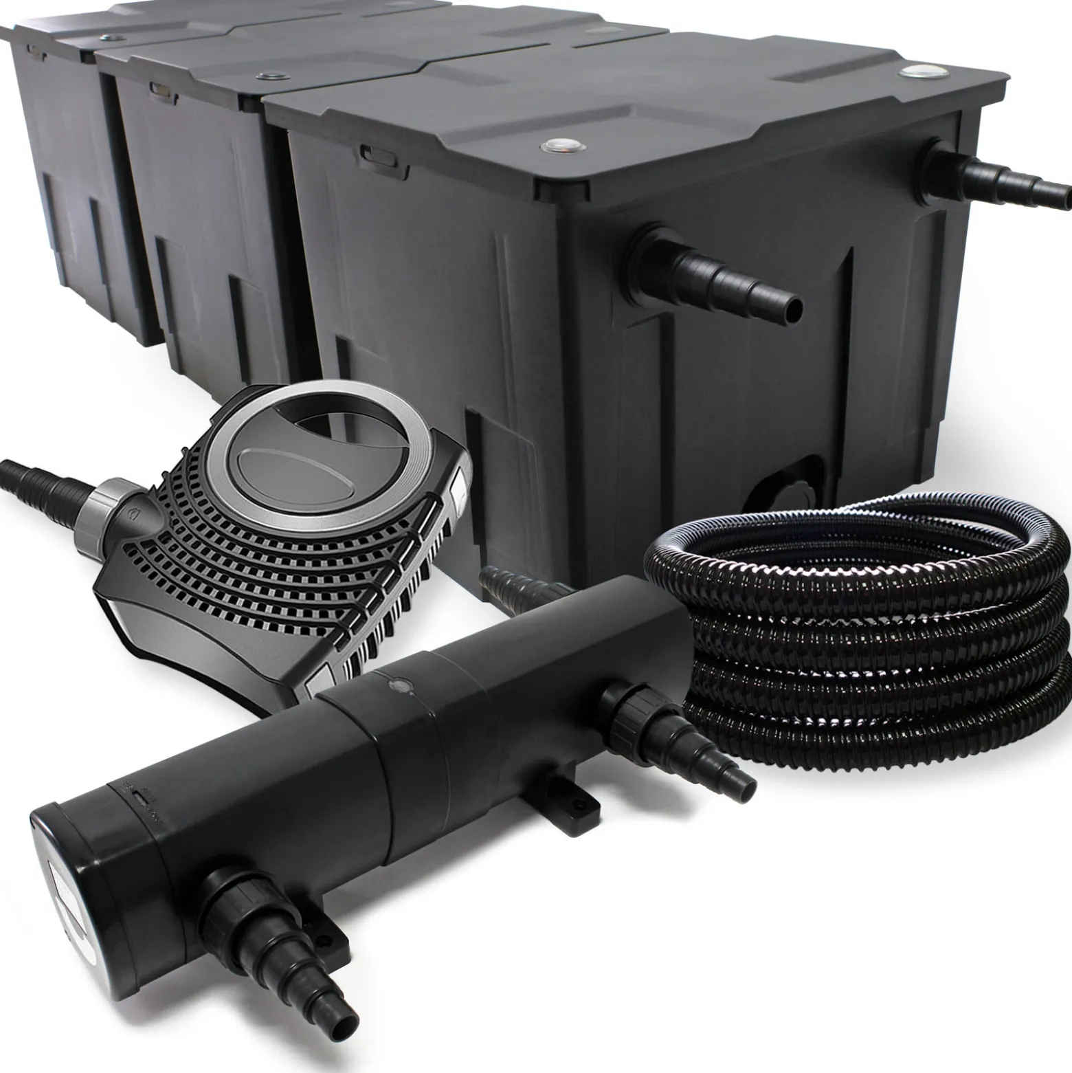 Wiltec Komplettset: CBF-350C Teichfilter bis 90000 L Teichfilteranlage als Durchlauffilter, NEO10000 SuperECO Teichpumpe 10000l/h 80W, CUV-236 Teichklärer UVC Klärer mit 36W, 25m Teichschlauch 25 mm