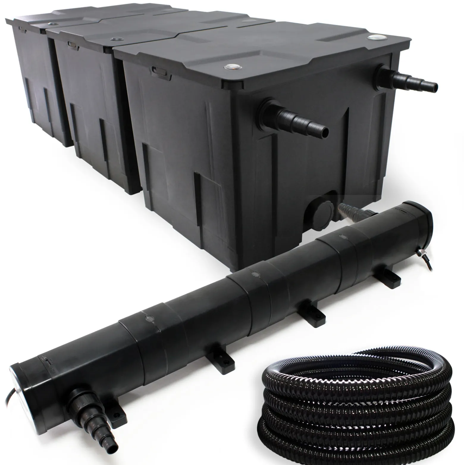 Wiltec Komplettset: CBF-350C Teichfilter bis 90000 L Teichfilteranlage als Durchlauffilter, CUV-272 Teichklärer UVC Klärer mit 72W, 5m Teichschlauch 25 mm (1")