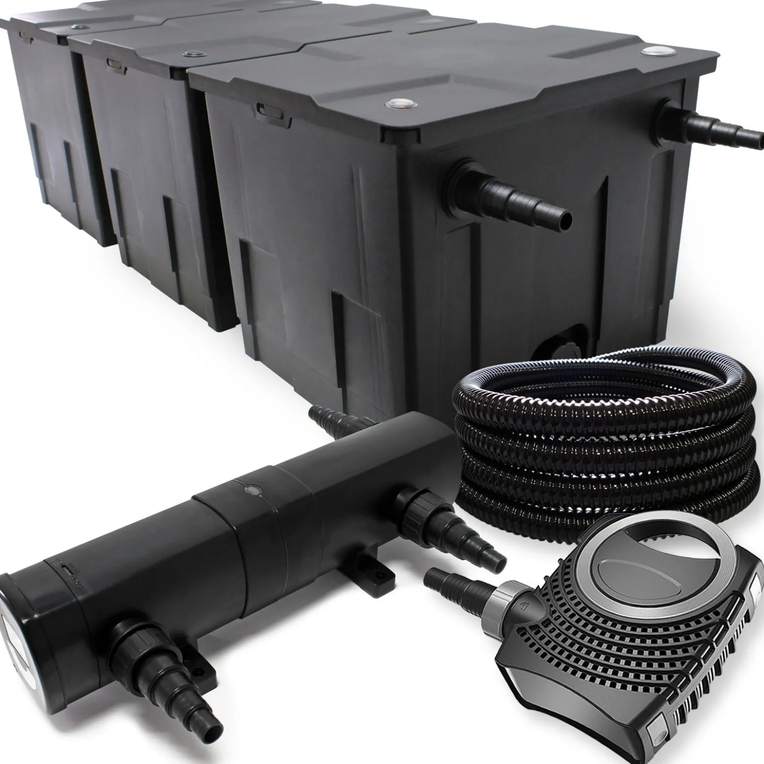 Wiltec Komplettset: CBF-350C Teichfilter bis 90000 L Teichfilteranlage als Durchlauffilter, NEO10000 SuperECO Teichpumpe 10000l/h 80W, CUV-236 Teichklärer UVC Klärer mit 36W, 25m Teichschlauch 25 mm