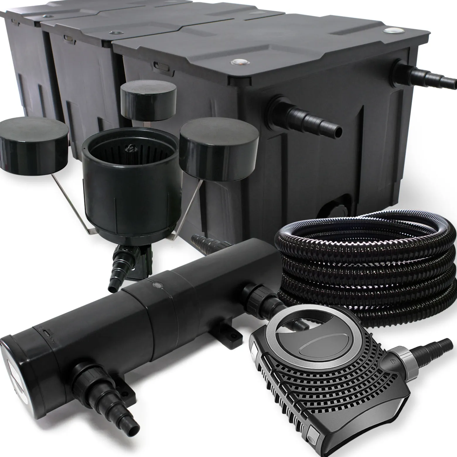 Wiltec Komplettset: CBF-350C Teichfilter bis 90000 L Teichfilteranlage Durchlauffilter, NEO10000 Teichpumpe 10000l/h 80W, CUV-236 Teichklärer 36W, 25m Teichschlauch 25 mm, CSP-250 Skimmer 2500l/h 45W