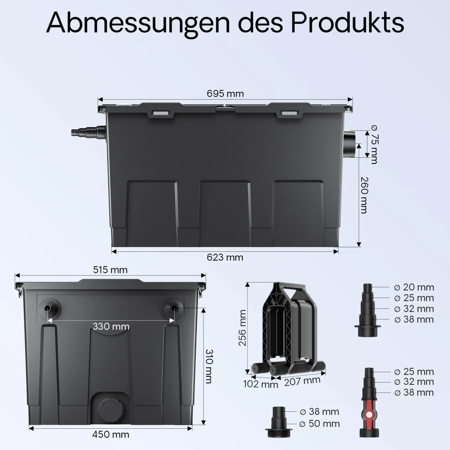 Wiltec Komplettset: CBF-550 Teichfilter bis 60000 L Teichfilteranlage Durchlauffilter, NEO10000 Teichpumpe 10000l/h 80W, CUV-236 Teichklärer 36W, 10m Teichschlauch 38 mm, Schlauchschellen W1 44-47mm