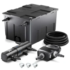 Wiltec Komplettset: CBF-550 Teichfilter bis 60000 L Teichfilteranlage Durchlauffilter, NEO10000 Teichpumpe 10000l/h 80W, CUV-236 Teichklärer 36W, 10m Teichschlauch 38 mm, Schlauchschellen W1 44-47mm