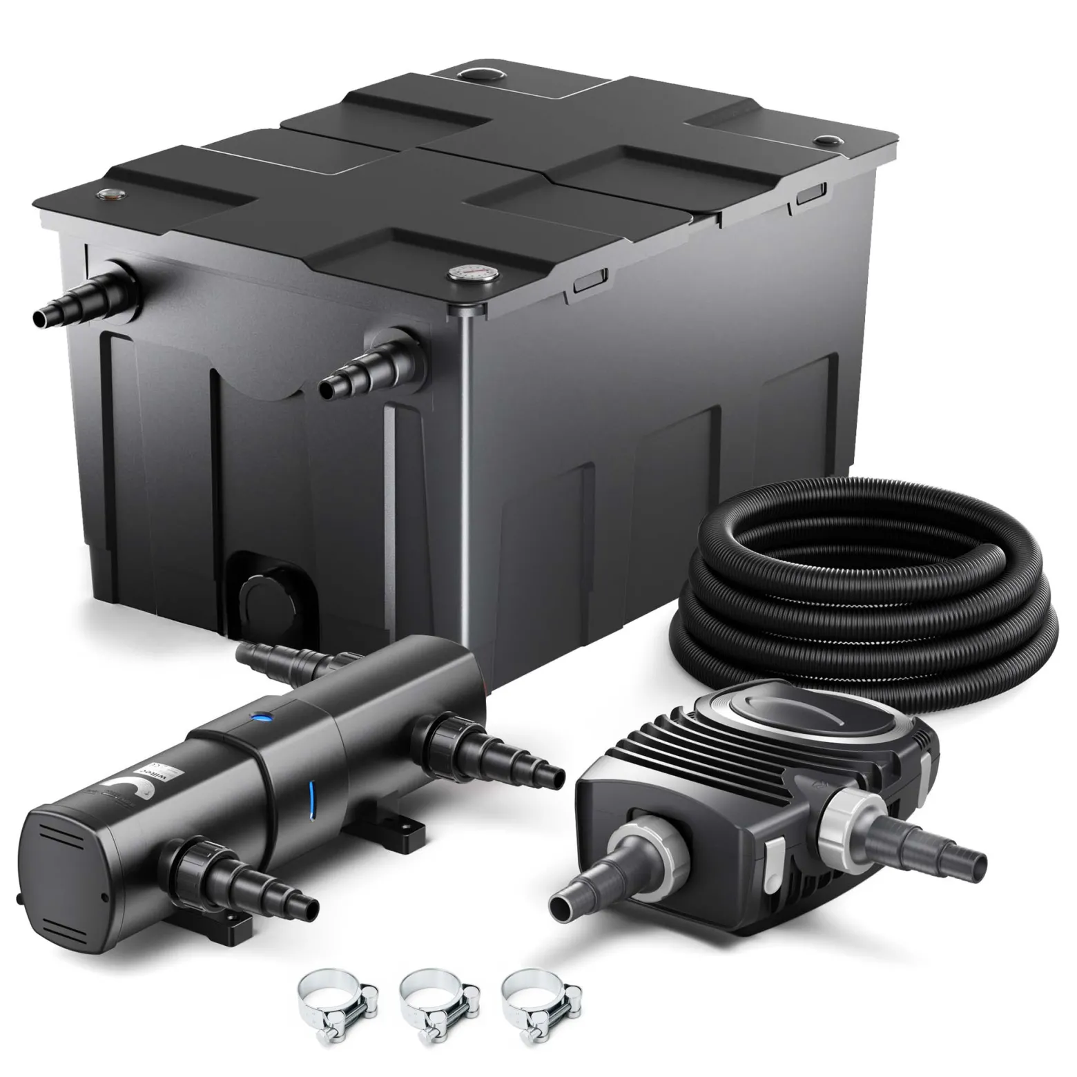 Wiltec Komplettset: CBF-550 Teichfilter bis 60000 L Teichfilteranlage Durchlauffilter, NEO10000 Teichpumpe 10000l/h 80W, CUV-236 Teichklärer 36W, 10m Teichschlauch 38 mm, Schlauchschellen W1 44-47mm