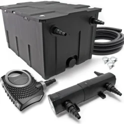 Wiltec Komplettset: CBF-550 Teichfilter bis 60000L Teichfilteranlage Durchlauffilter, NEO6000 Teichpumpe 6000l/h 40W, CUV-224 Teichklärer 24W, 5m Teichschlauch 38 mm (1 1/2"), Schlauchschellen 44-47mm