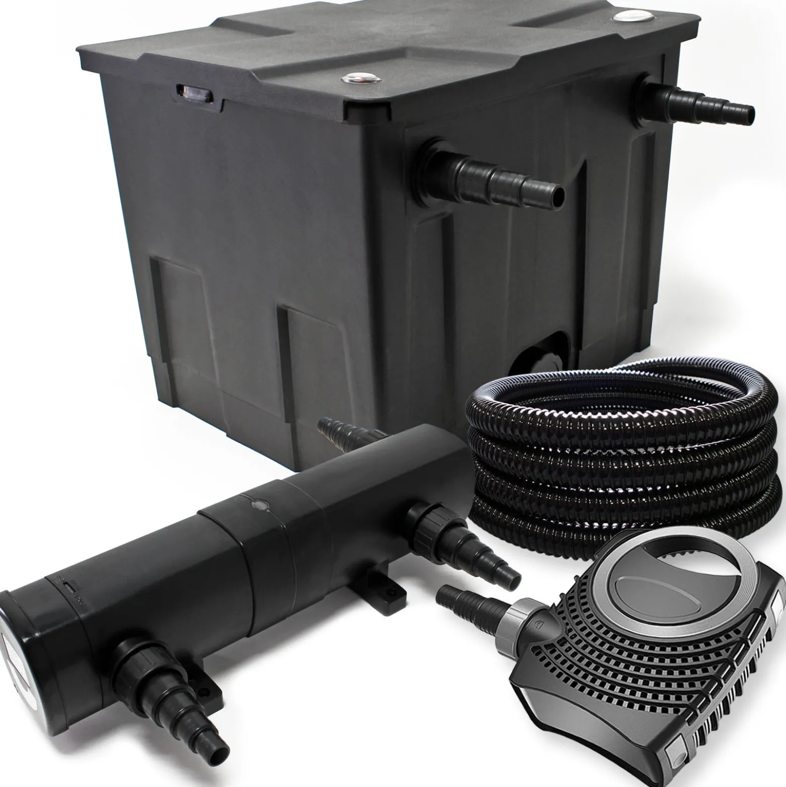Wiltec Komplettset: CBF-350 Teichfilter bis 12000 L Teichfilteranlage als Durchlauffilter, NEO10000 SuperECO Teichpumpe 10000l/h 80W, CUV-236 Teichklärer UVC Klärer mit 36W, 25m Teichschlauch 25 mm