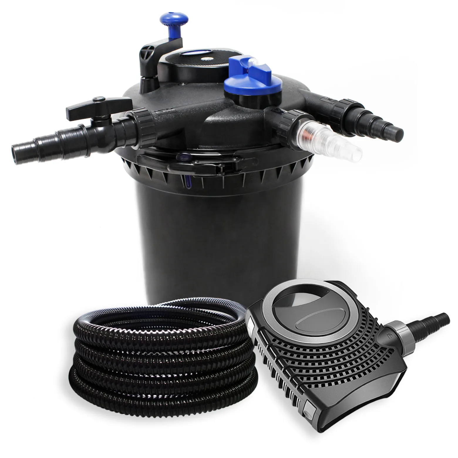 Wiltec Komplettset: CPF-15000 Teichdruckfilter bis 30000 L mit 18 Watt UV-C Teichklärer, NEO8000 SuperEco Teichpumpe 8000l/h 70W, 25m Teichschlauch 25 mm (1")