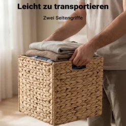 Wiltec Korb aus Wasserhyazinthe 26 x 26 x 26 cm, geflochtener Aufbewahrungskorb mit 2 Griffen