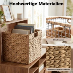 Wiltec Korb aus Wasserhyazinthe 26 x 26 x 26 cm, geflochtener Aufbewahrungskorb mit 2 Griffen