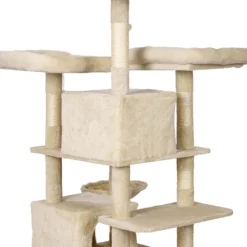 Wiltec Kratzbaum Beige mit Pfotenmotiv 172 cm, Katzenkratzbaum mit Plattformen und Katzenhäuser, Katzenbaum mit Hängematte, Kletterbaum für Katzen