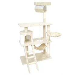 Wiltec Kratzbaum in Beige/Weiß 141 cm hoch, Katzenbaum mit Sisal, Katzenkratzbaum mit Katzenhaus, Hängematte und Liegemulde, Kletterbaum für Katzen