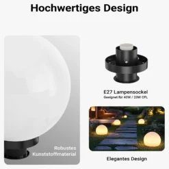 Wiltec Kugelleuchte Ø 30 cm mit Erdspieß, Gartenleuchte 40 W mit Kugellampe, Gartenbeleuchtung mit E-27 Fassung, IP44 Außenbeleuchtung Garten
